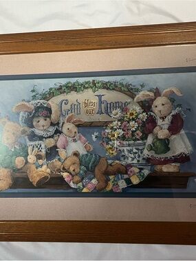 Vintage Home Interiors Bunny & Bears God Bless Our Home Wall Decor 22.5” x 14.5”